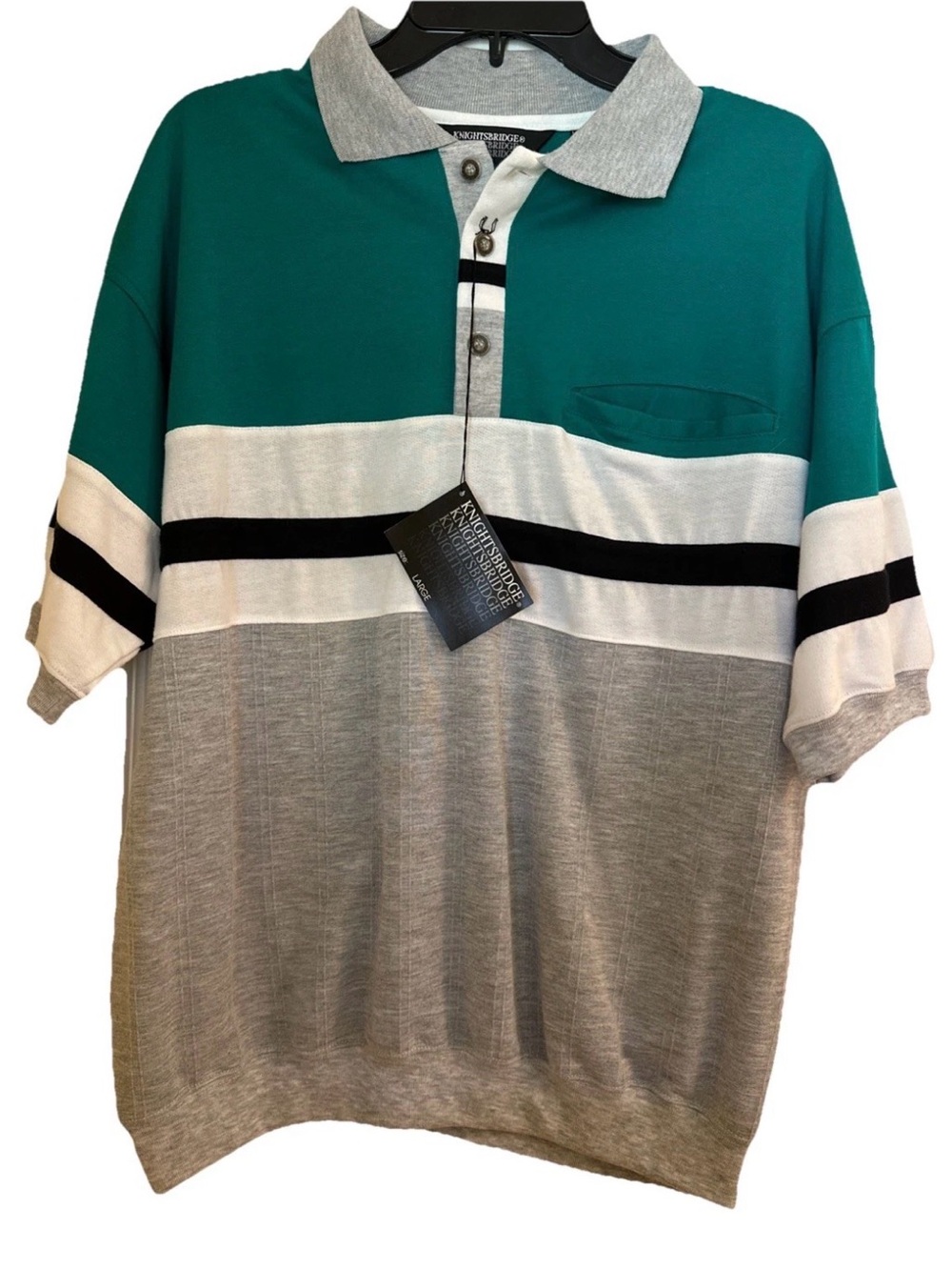 Vintage Knightsbridge Polo Shirt Mens Large Green Gray Stripe Banded Hem 90s New